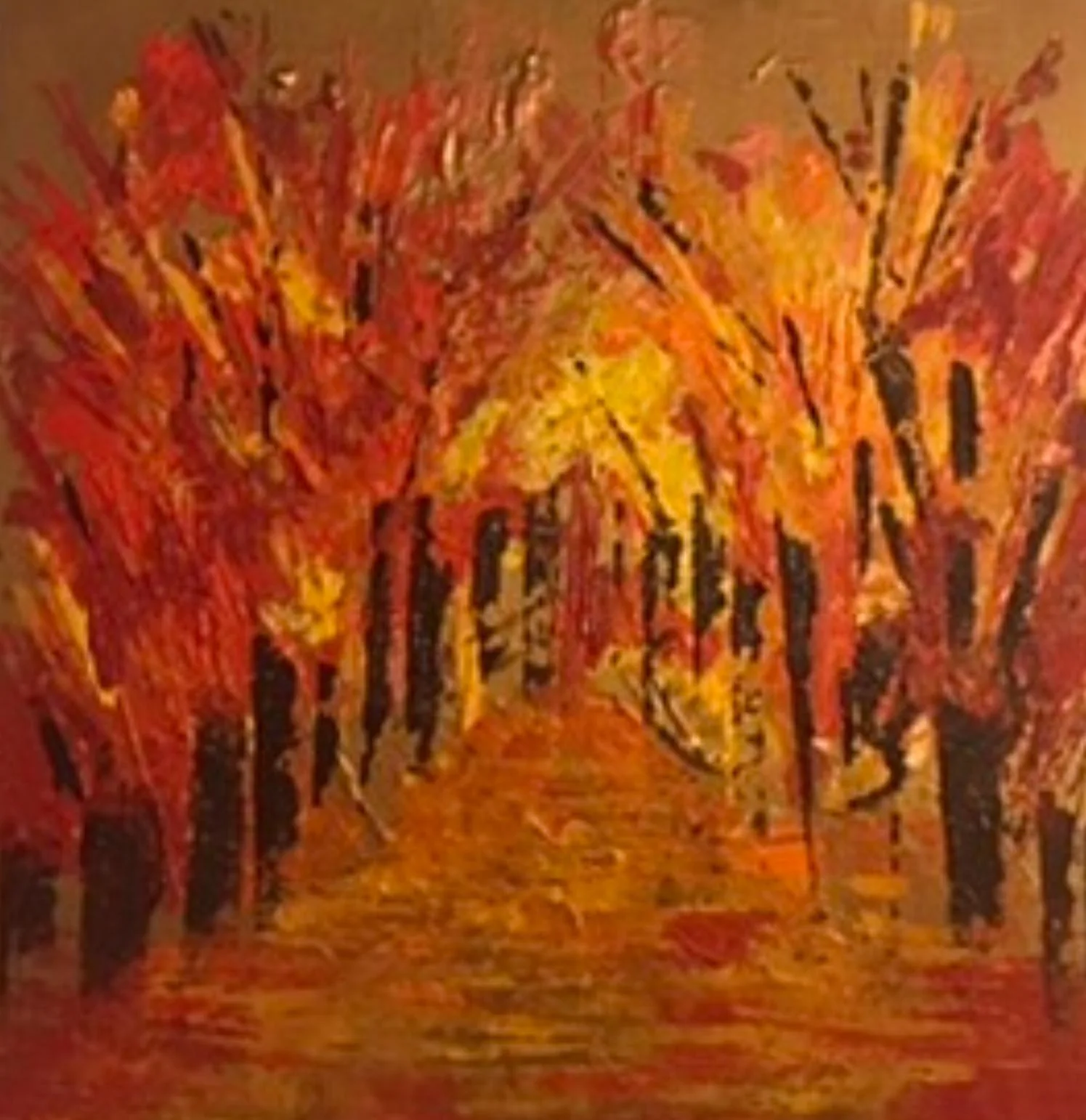 Warm orange and red abstract painting with black vertical marks and luminous yellow texture.