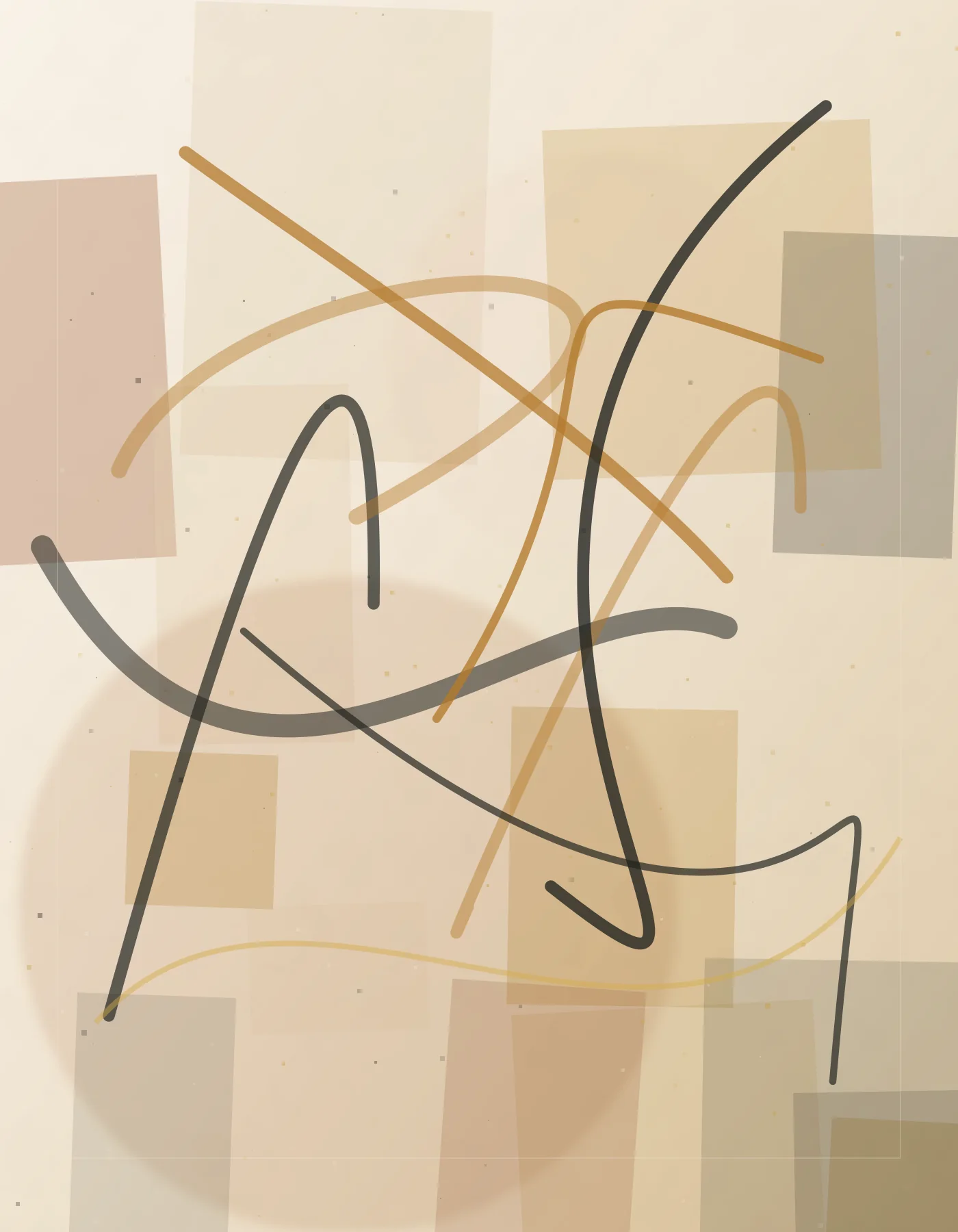 Vertical abstract painting with gold washes, black arcs, and textured ivory surface.