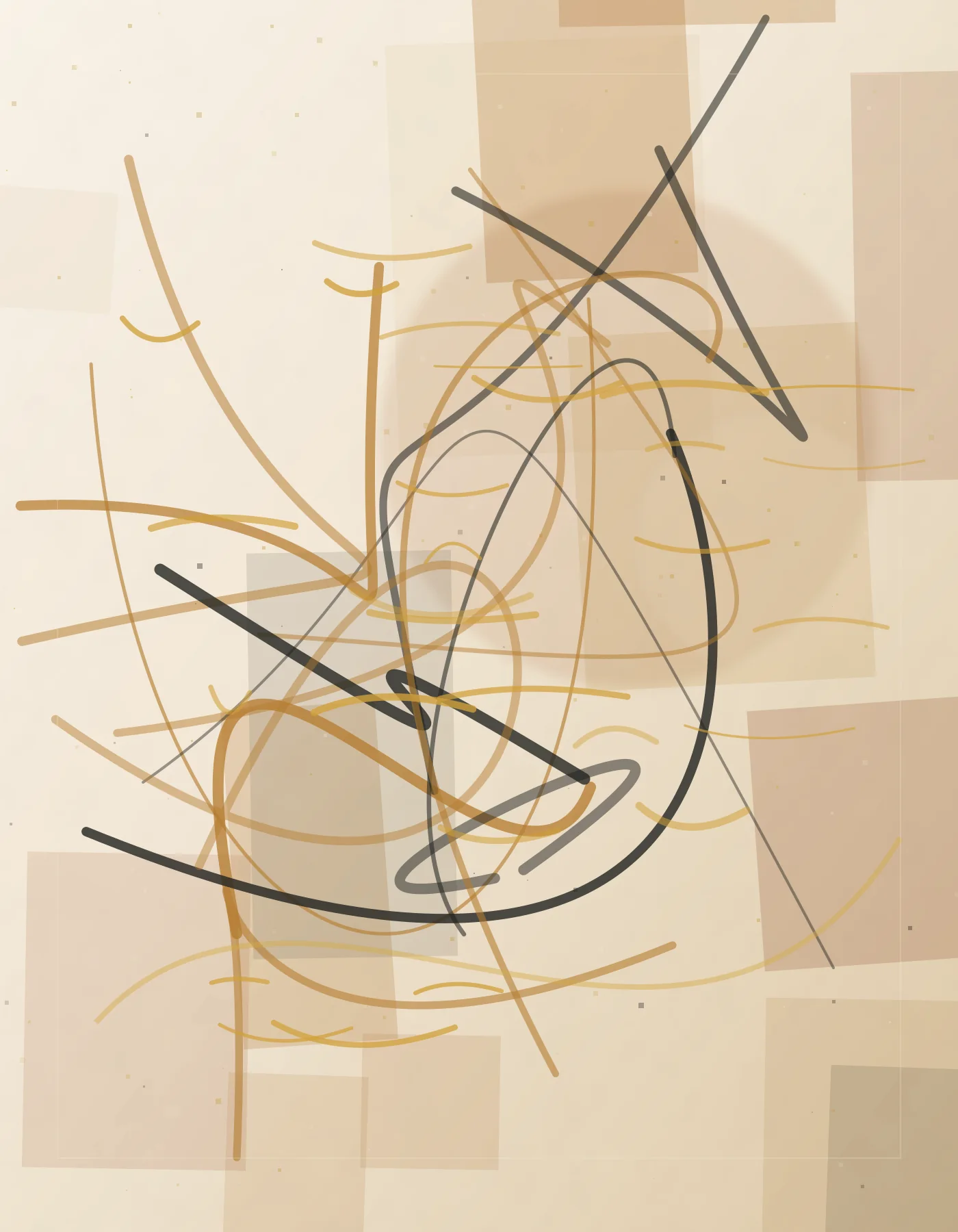 Layered abstract painting with pale script-like marks emerging from bronze and charcoal texture.