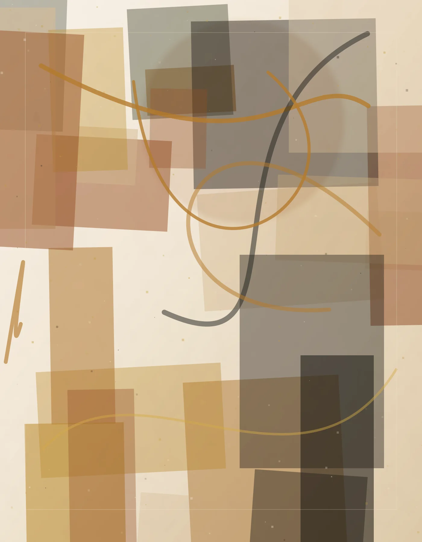 Geometric abstract painting with umber blocks, charcoal planes, and gold textured marks.