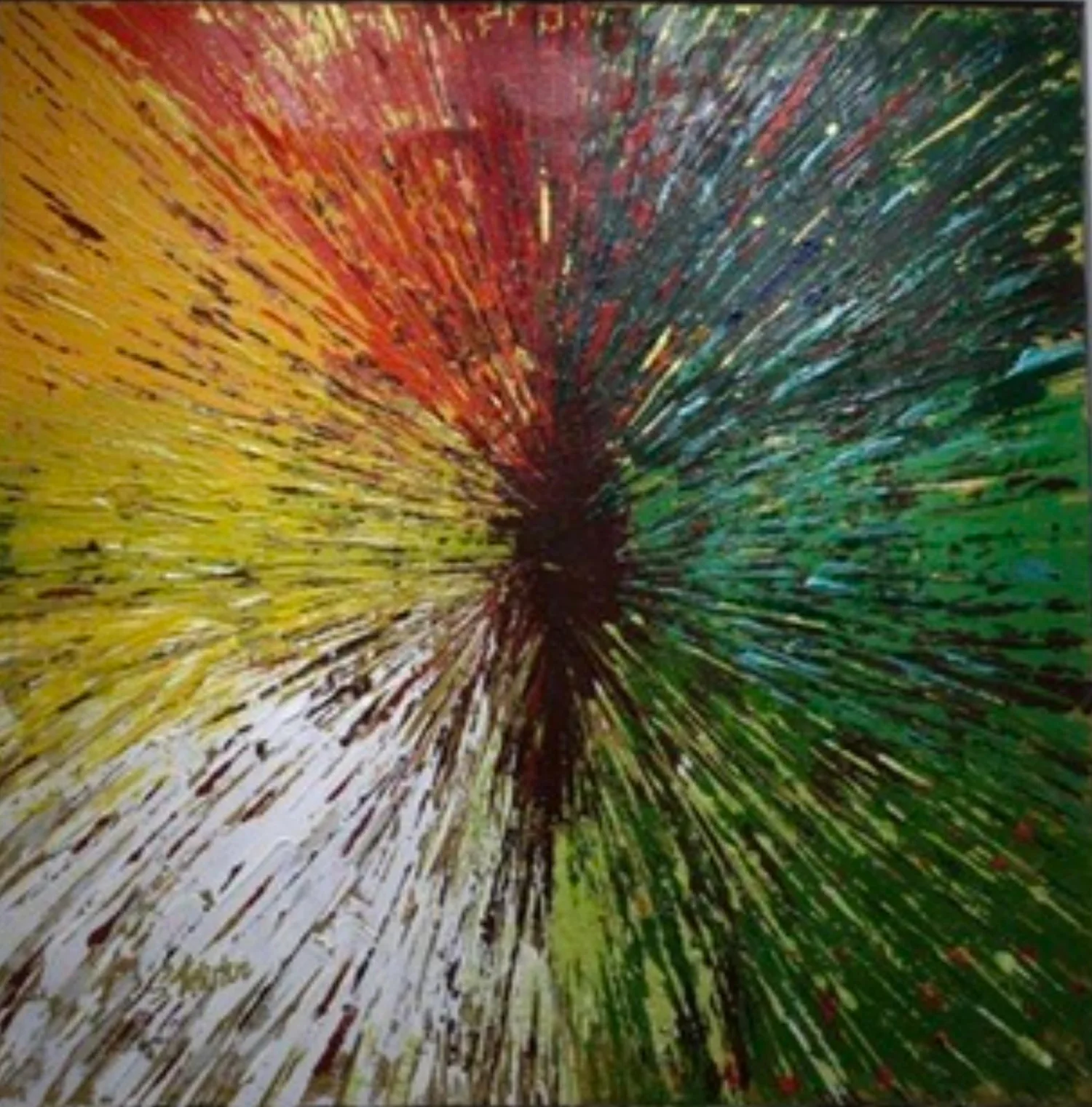 Vivid abstract painting with yellow, red, teal, green, and white streaks radiating from a dark center.